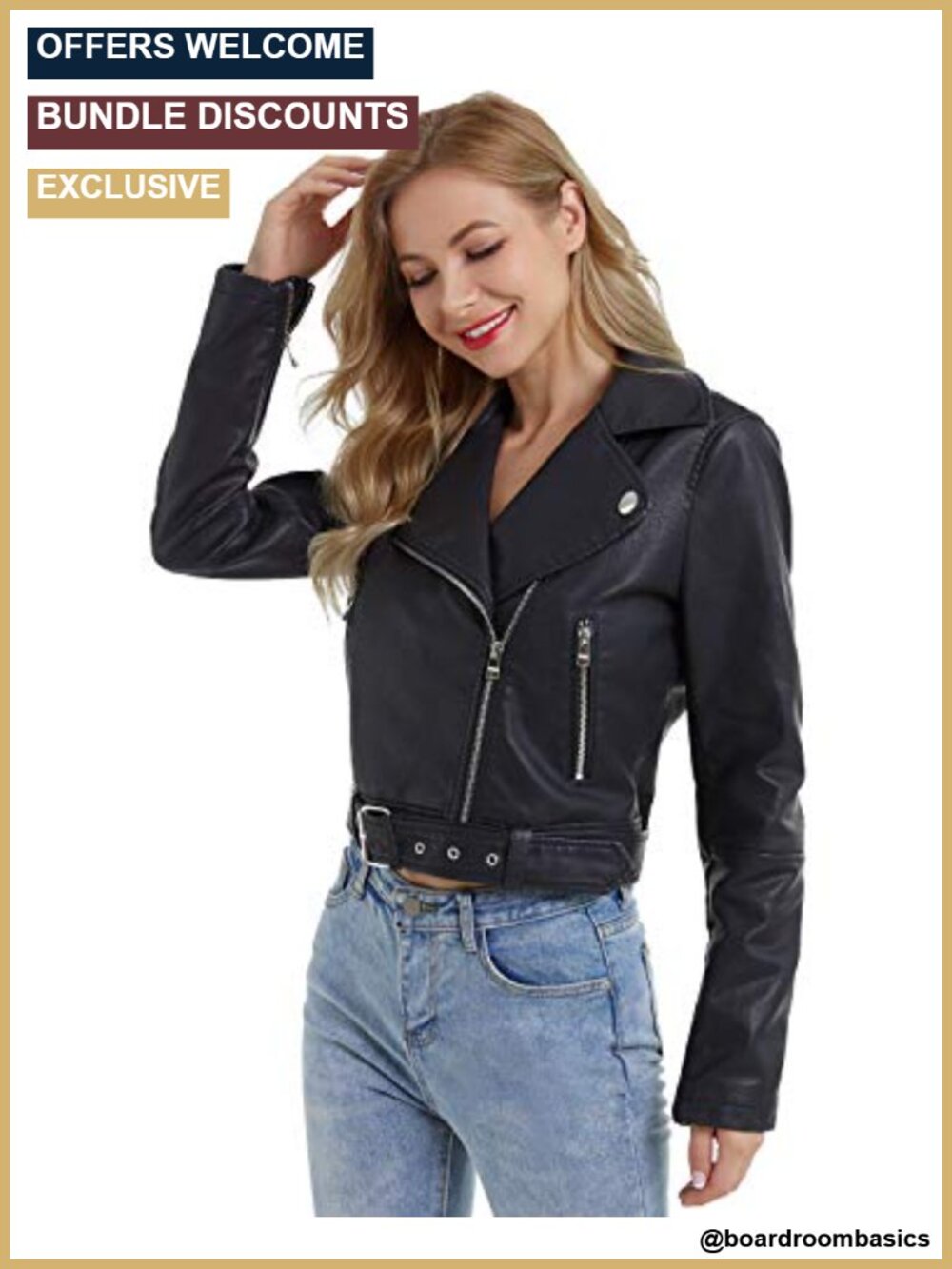 Women's Faux Leather Jacket Slim Belted PU Moto Coat